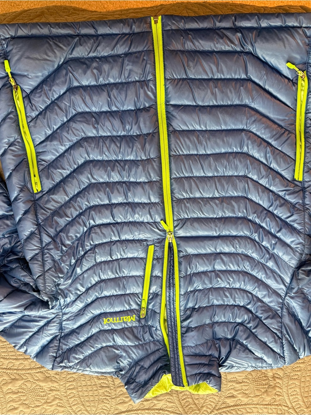 Marmot Navy Down Jacket with Lime Zippers